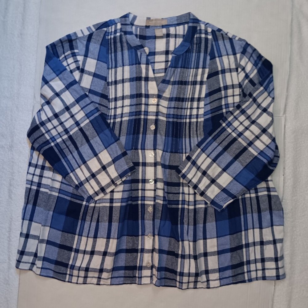 WOMAN WITHIN PINTUCKED FLANNEL PLAID PRINT BUTTON DOWN SHIRT - Picture 4 of 10
